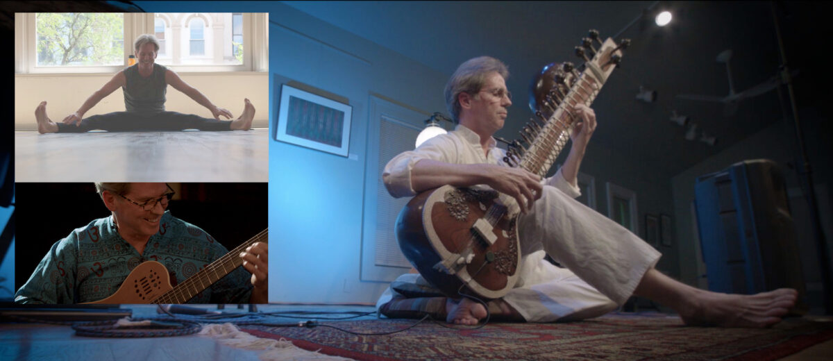 Picture of Robert Newcomb playing sitar, guitar and doing yoga.