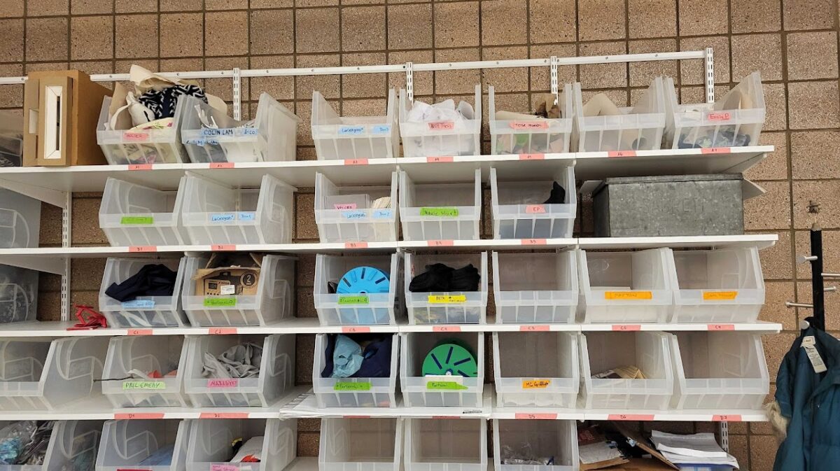 Photo of storage bins in Design Lab 1.